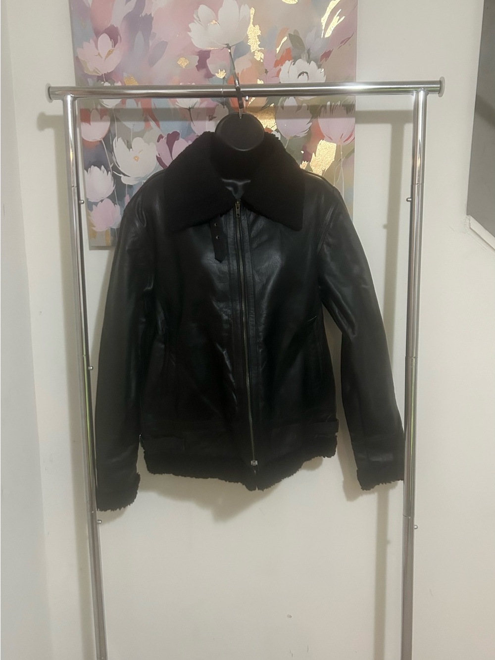 Men's Black Leather Shearling Bomber Jacket